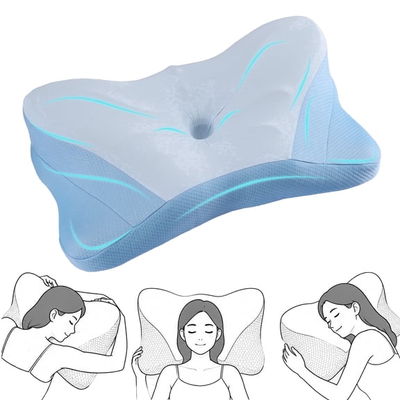 edx Queen Size Ergonomic Cervical Pillow for Pain Relief Sleeping, Contour Orthopedic Bed Pillow for Back Stomach Sleepers, Blue