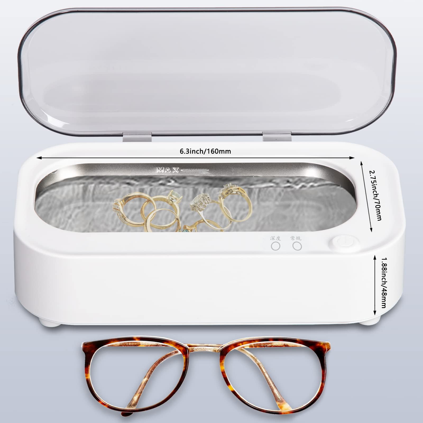 Ultrasonic Jewelry Cleaner Machine - 47Khz Silver Cleaner, Ultrasonic Cleaner Machine for Eye Glasses, Ring, Earring, Necklaces, Watch Strap, Makeup Brush, 304 Stainless Steel Tank with 12OZ