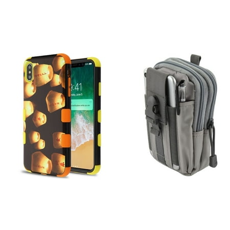 - TUFF Hybrid (Military Grade Certified) Phone Protector Cover Case (Lanterns) with Gray Tactical EDC MOLLE Belt Bag Pouch and Atom Cloth for iPhone XS Max