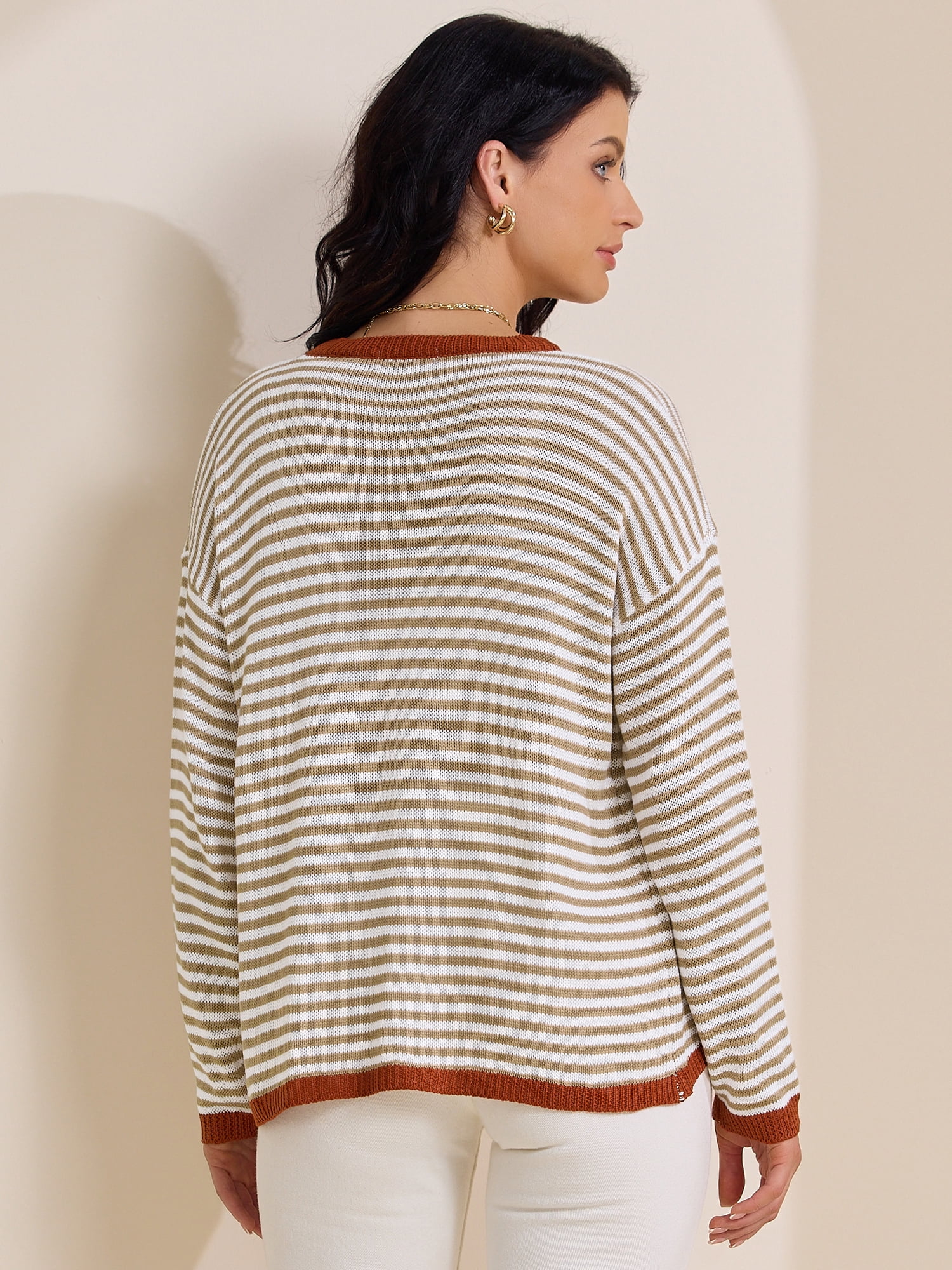 DARING DIVA Women's Striped Crew Neck Loose Knitted Sweatshirts S Khaki