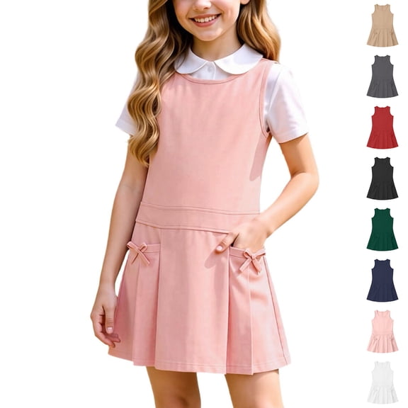Girls Uniform Dress Sleeveless Crew Neck Jumper Dress A-Line Uniform Skirts with Pockets Back to School Dress Size 3-12 Years