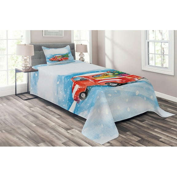 Ambesonne Christmas Quilted Coverlet 2 Pcs, Truck Winter Scenery, Twin Size, Blue White Red