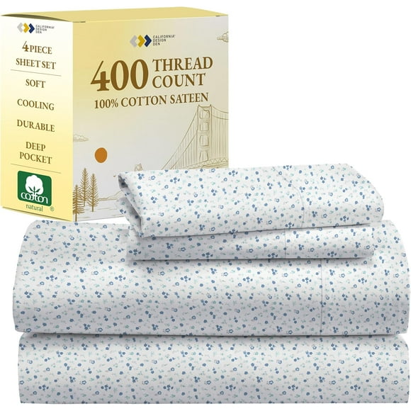 ERDS-Floral Sheets Pattern Double Sheet Set - Luxury 400 Thread Count 100% Cotton Sheets, Deep Pocket Double Sheets & Pillowcase Set (Blooming Meadows)