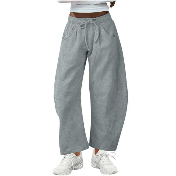 XUNKUSGA Womens Barrel Leg Sweatpants Solid Color Drawstring Elastic Waist Pants for Women Casual Cotton Wide Leg Pants Woman with Pockets S-2XL