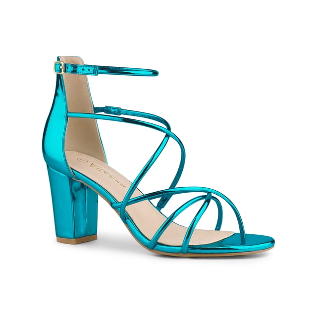 BLISSFUL STEP Sandales à Talons Blocs à Brides Croisées pour Femmes Bleu Lac 10