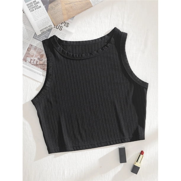 Top corto de punto acanalado básico informal para mujer, camiseta sin mangas de verano con cuello redondo, camiseta bonita para bebé, ropa de calle de moda coreana Grunge Y2K Tan Jianjun unisex