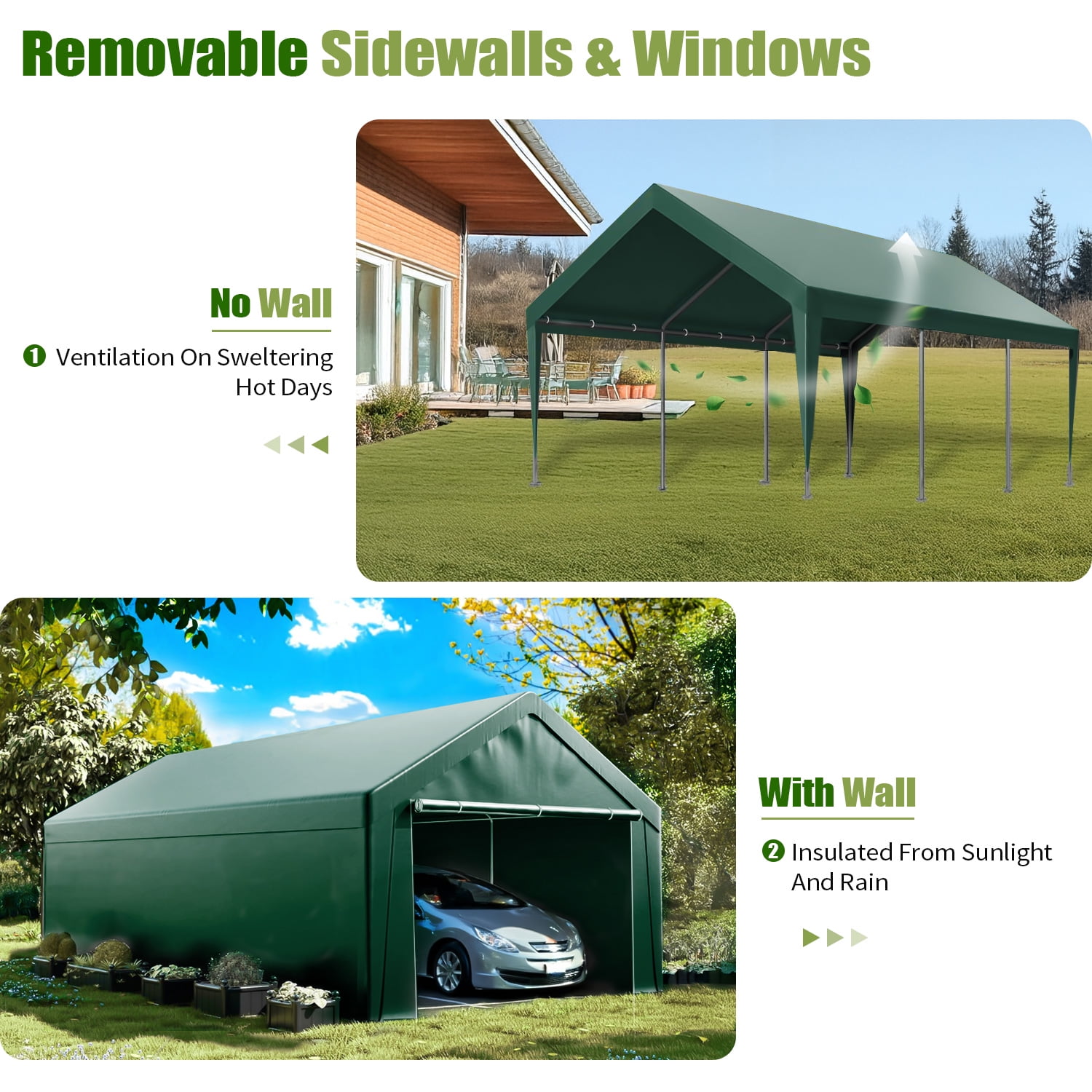 ECOLINEAR Carport 10x20 ft Heavy Duty Carport, Outdoor Potable Garage with Removable Sidewalls & Zipper Doors, Carport Canopy Anti UV All-Season Waterproof Tarp,Car Canopy for Cars,Boats,Green