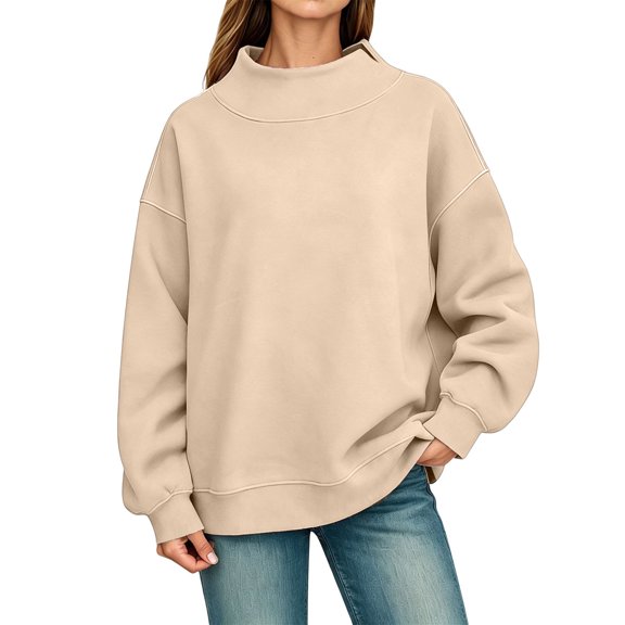 Bysome Women Sweatshirts Solid Color Long Sleeve Mandarin Collar Tops Autumn Warm Women Sweatshirt Size L Beige