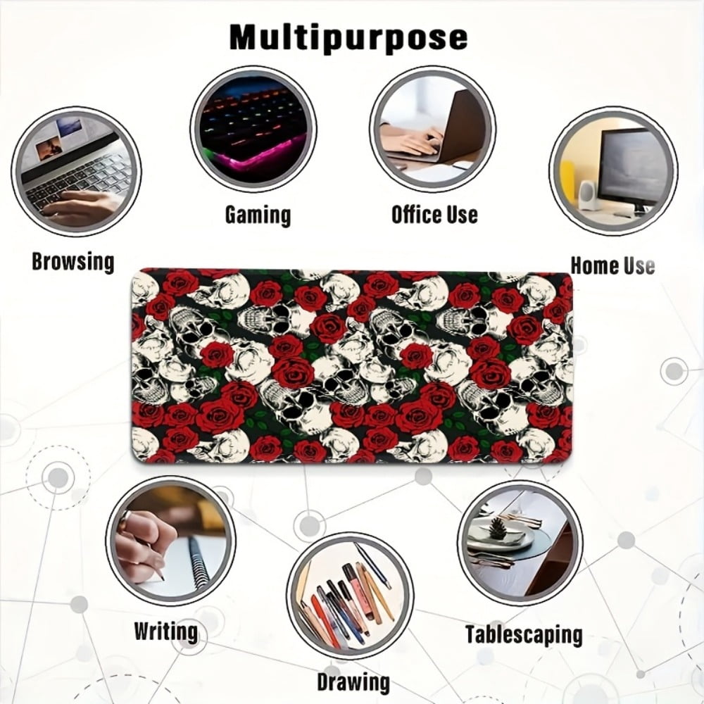 HELLOYOUNG Oversized Mouse Pad Non Slip Desk Mat, White Skull and Red Rose Gaming Mousepad with Stitched Edge, Durable Rubber Office Desk Pad, Holiday Gift for Gamers and Home Office