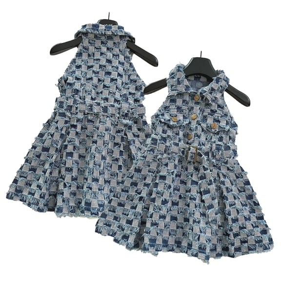 LYMAYTER 2-8Y Girls' Lightweight Denim Jumper - Sleeveless Plaid Skirt Summer Collar Style‌