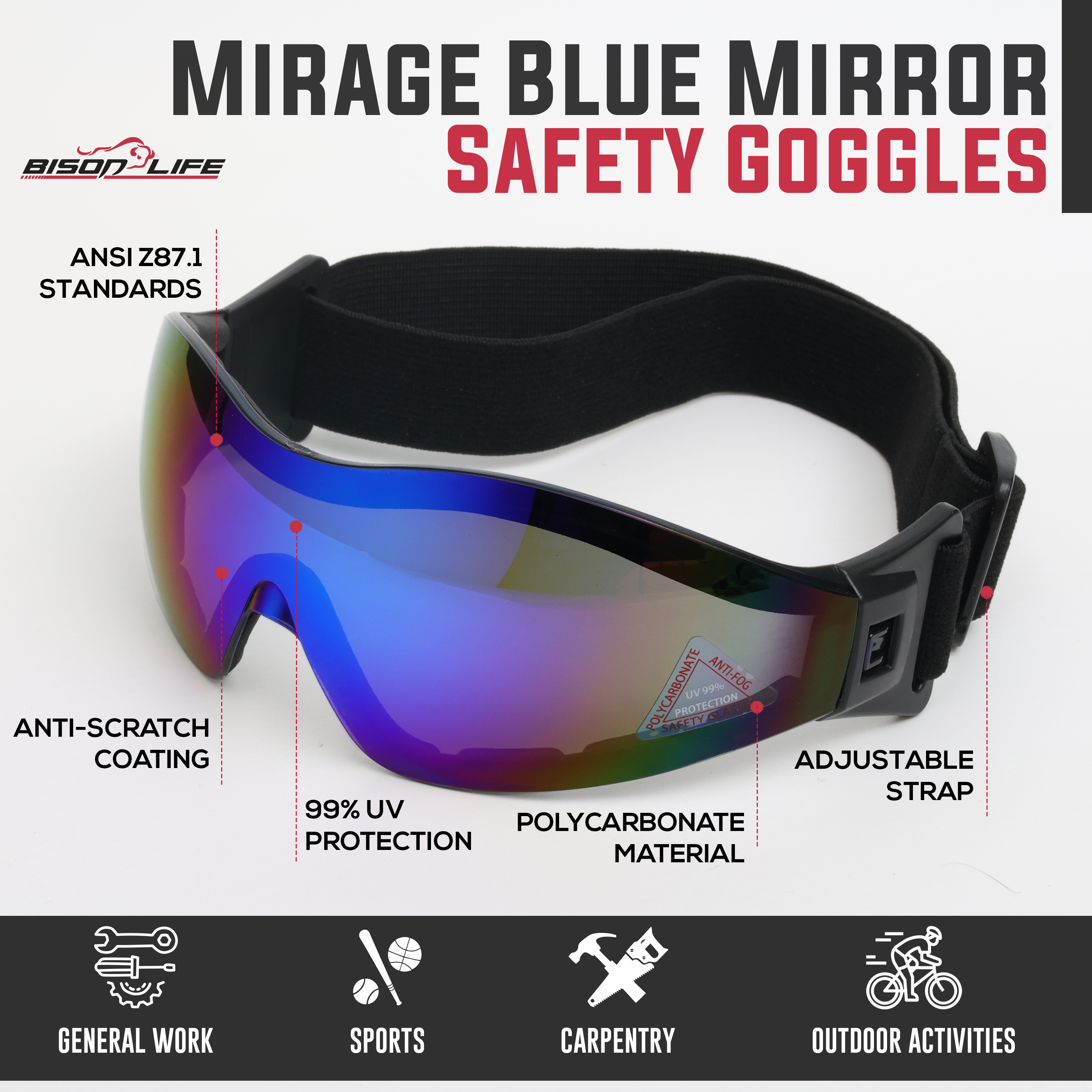 Safe Handler Mirage Blue Mirror Safety Goggles, ANSI Z87.1 Anti-Scratch, UV Protection (Pack of 1)