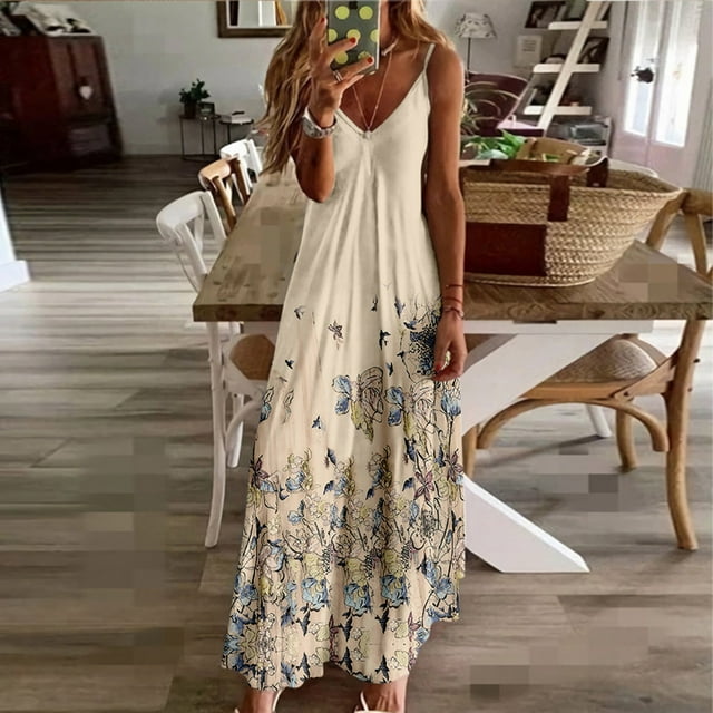 Dianli Économies d'Été Robes d'Été pour Femmes Col en V Sans Manches Maxi Imprimé Floral Robes d'Été Plage Mode Décontractée Ample Taille Empire Bretelles Spaghetti Robe Jaune S Offres