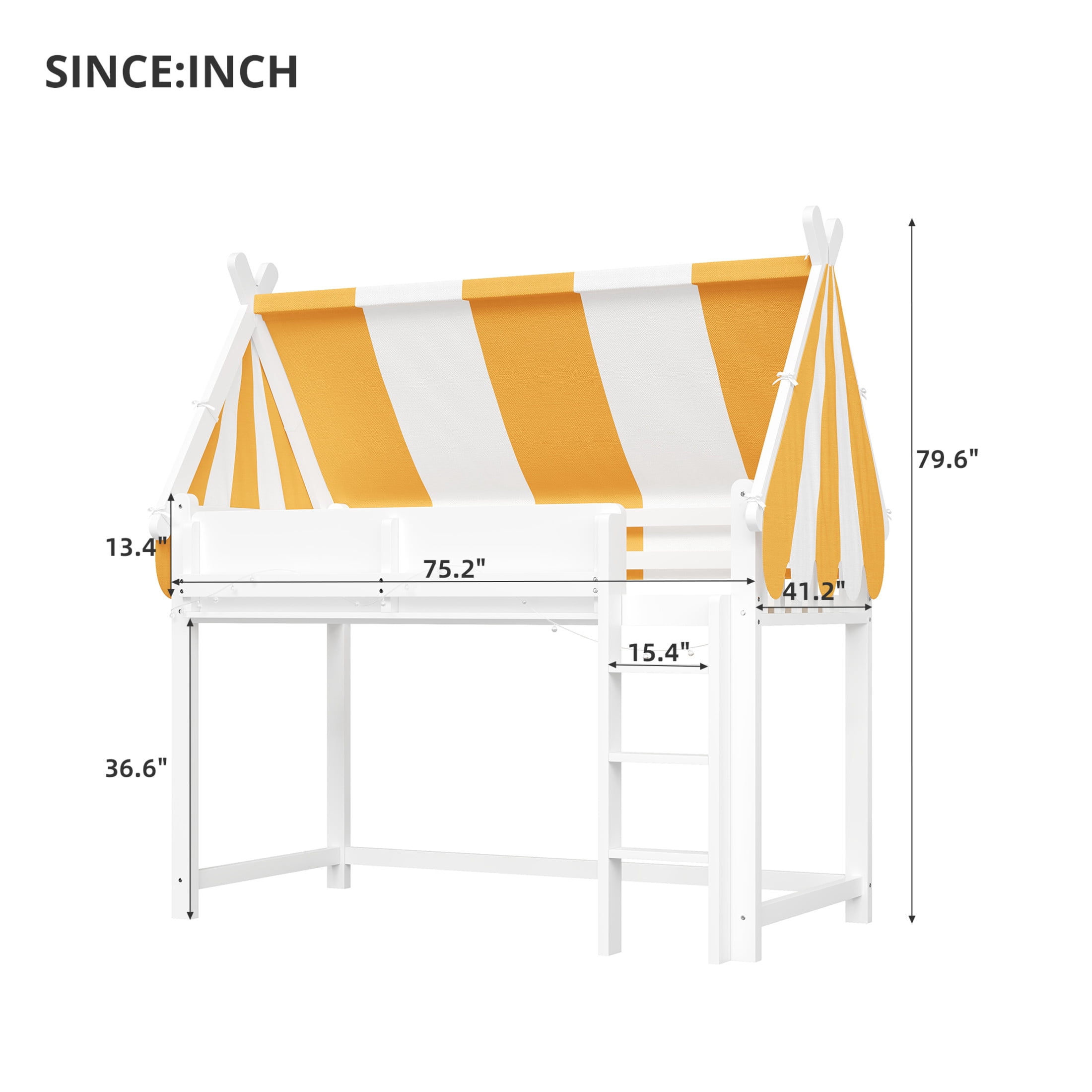 Noble House Sidney Twin Size Loft Bed with Canopy and LED Lights, Wood Loft Bed with Bookshelf, Playful Design, White