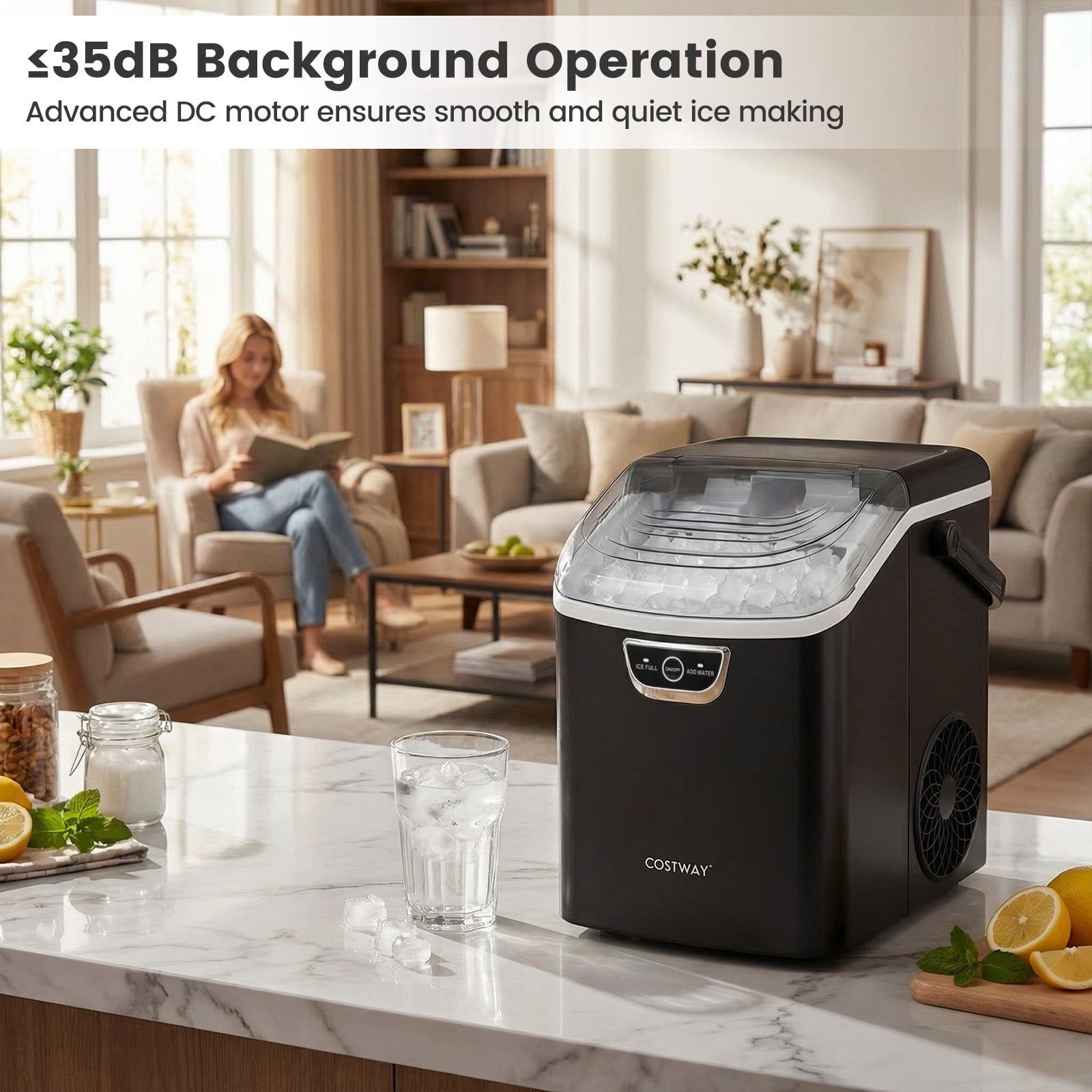 Costway Nugget Ice Maker Countertop with Audible Ice Full Alarm, Ready in 6 Mins for Home Black