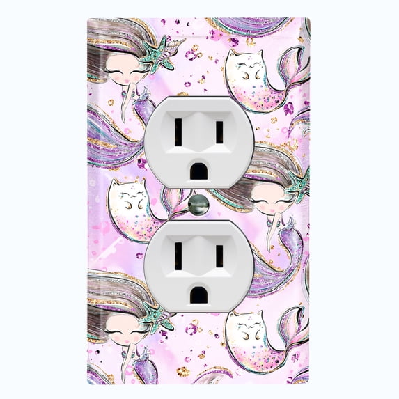 Metal Light Switch Wall Plate Outlet Cover (Mermaid Cat Pattern Glitter Print Pastel - Single Duplex)
