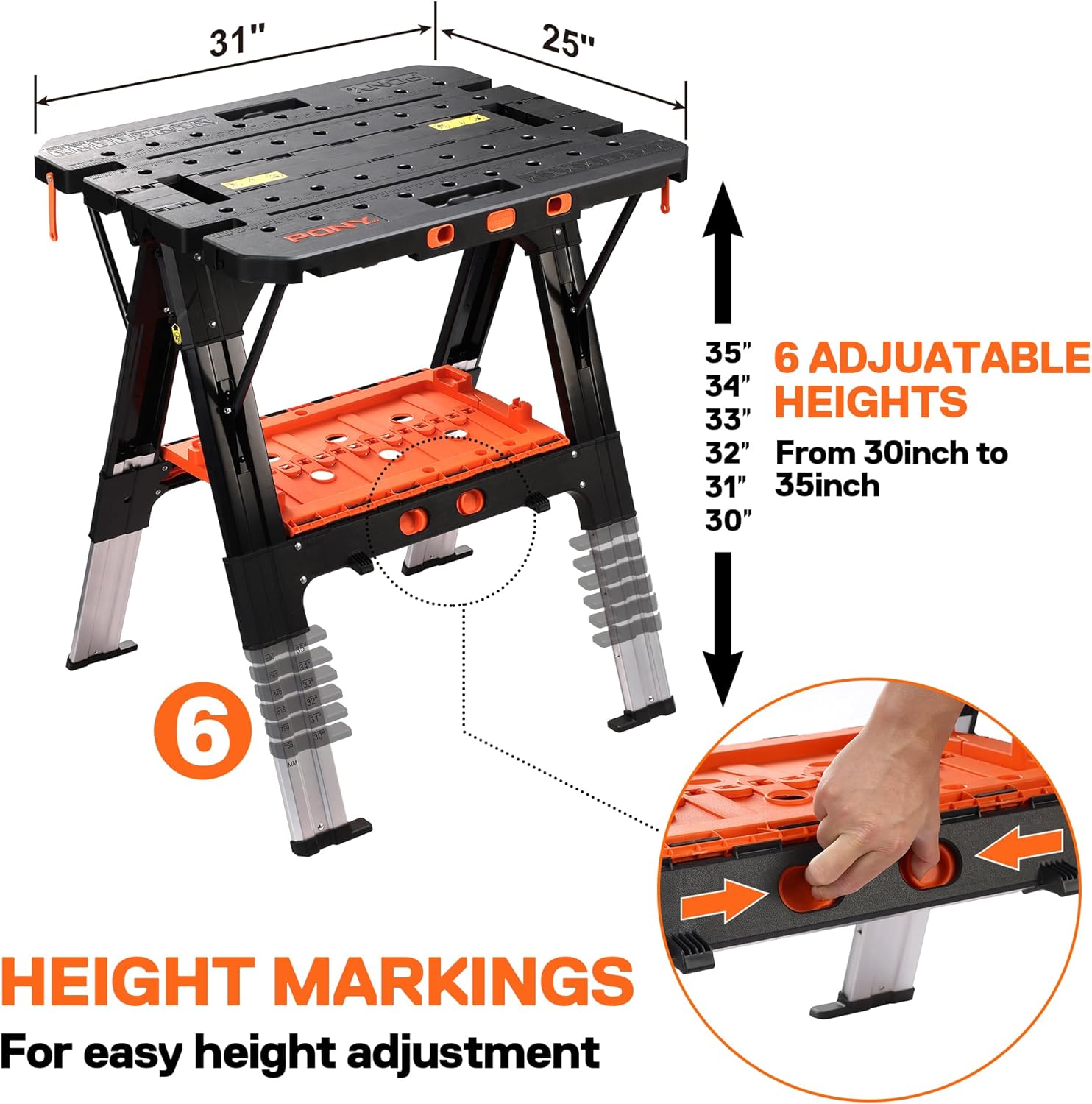 Pony Portable Folding Work Table, 2-in-1 as Sawhorse & Workbench, Load Capacity 1000 lbs-Sawhorse & 500 lbs-Workbench, 31” W×25” D×25”-32”H, with 4pcs Clamps, 4pcs Bench Dogs, 2pcs Safety Straps