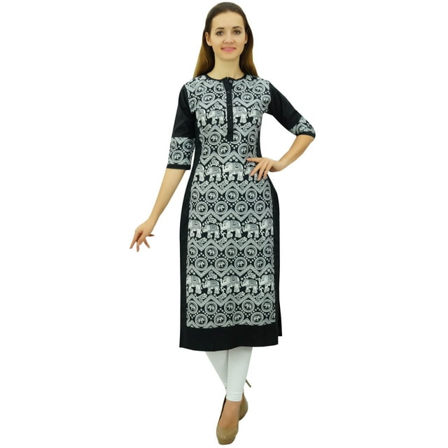 Phagun Kurta Droite Noire de Designer pour Femme, Manches 3/4, Kurti Décontractée Imprimée-24