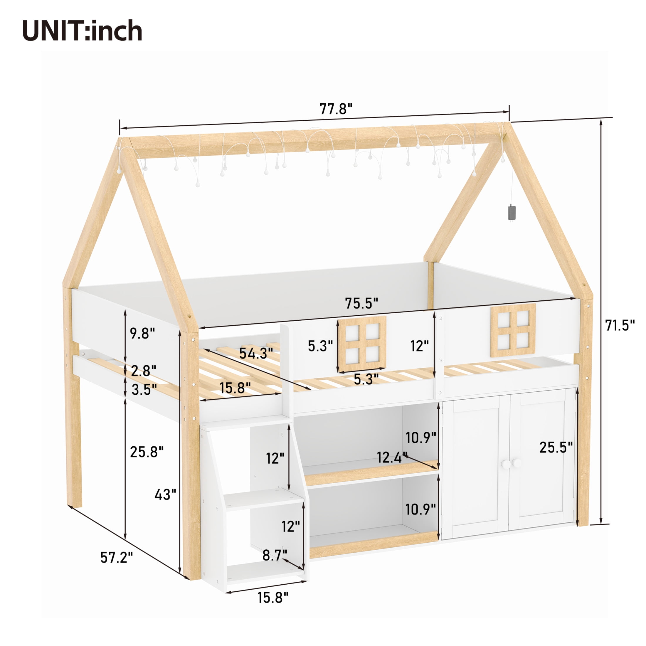 Noble House Harley Full Size Low Loft Bed with Storage Staircase and Cabinets, Wood House Bed, LED Lights, White