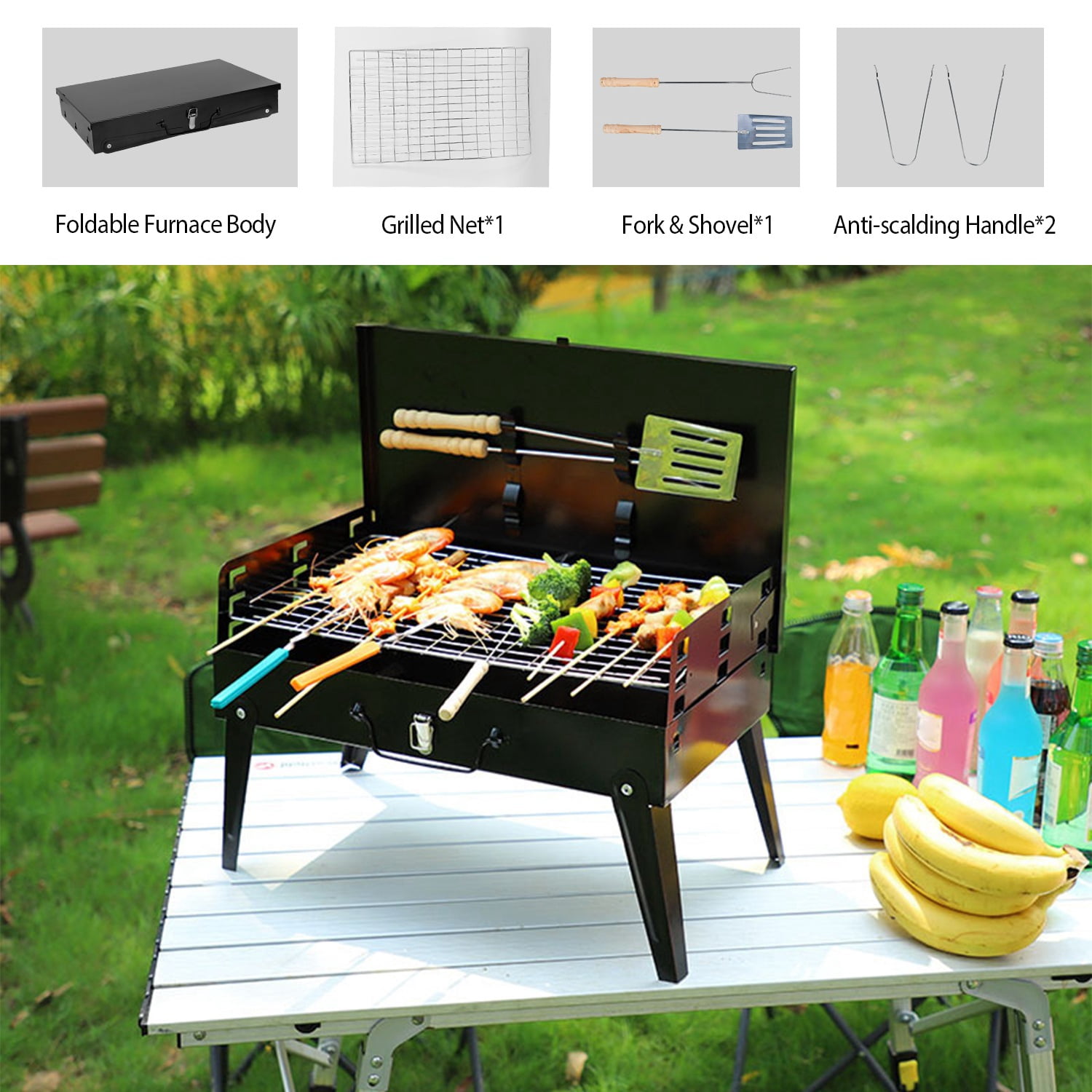 Foldable Charcoal BBQ Grill, 3 Adjustable Height Outdoor Barbecue Rack with Wind Shield & Tool Storage, for Camping Picnic Backyard Party Cooking