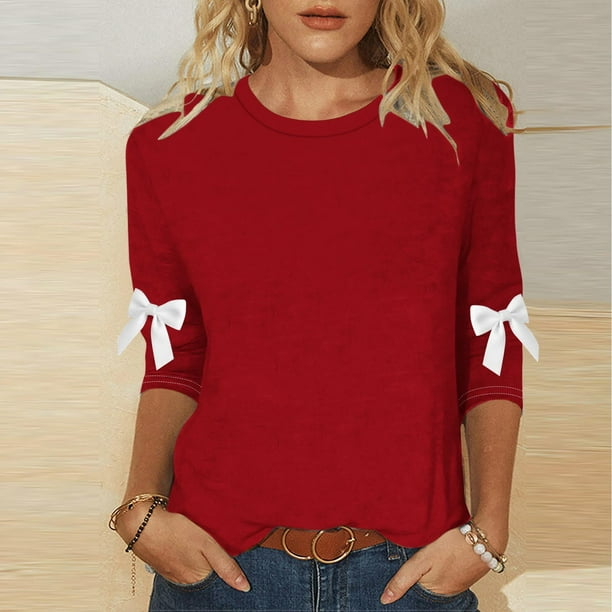 HongQid Womens Tops 3/4 Sleeve Shirts Round Neck Loose Casual Blouses Solid Color Tshirts