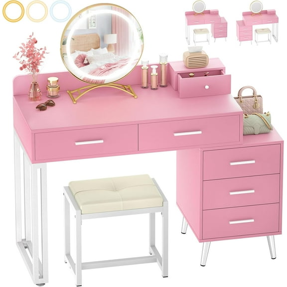 Pink Vanity Desk with Mirror and Lights, Modern Makeup Vanity Table Set with 6 Storage Drawers and Cushioned Stool for Bedroom, Dressing Table with Divided Organizers for Women Girls, Pink