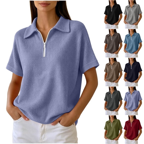 Otntypg Women's Quarter Zip Short Sleeve Tops Lightweight Casual Waffle Knit Collared Golf Shirts Loose Fit Dressy Textured Pullover Blouse
