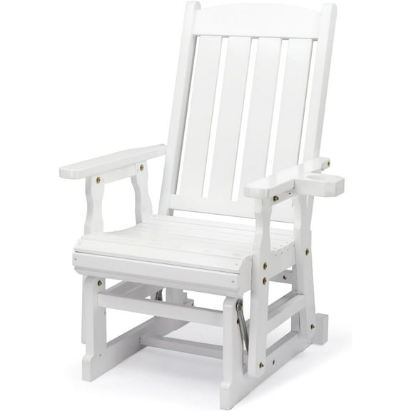 VINGLI Outdoor Glider Chair Wood Patio Glider with Cup Holder, Porch Glider with Smooth Rocking Mechanism, Heavy Duty 600 LBS, White