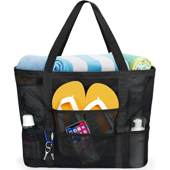Mesh Beach Bag, Large Beach Tote Bags for Women Foldable Mesh Swimming Pool Bag with Mini Pockets - Sandproof, Waterproof