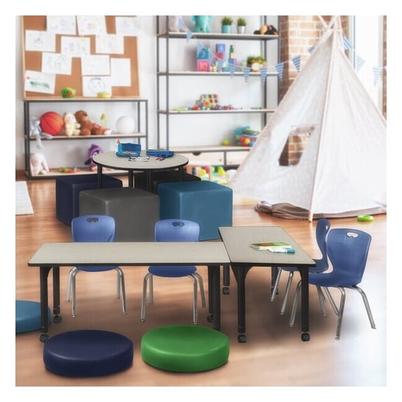Kee 66" Adjustable Mobile Classroom Table - Maple & 2 Andy 12-in Chairs- Navy