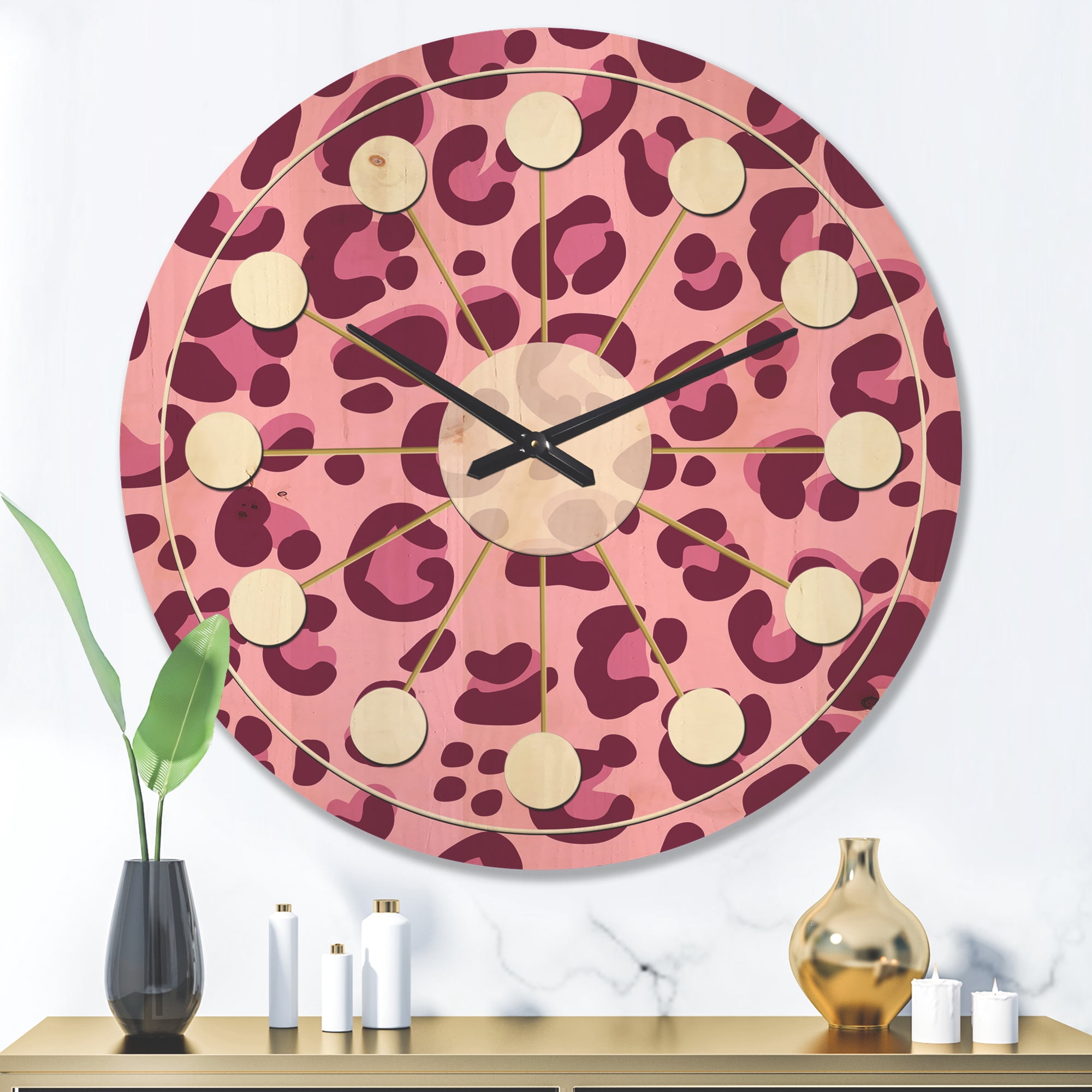 Designart 'Pink Leopard Pattern Retro' Mid-Century Modern Wood Wall Clock