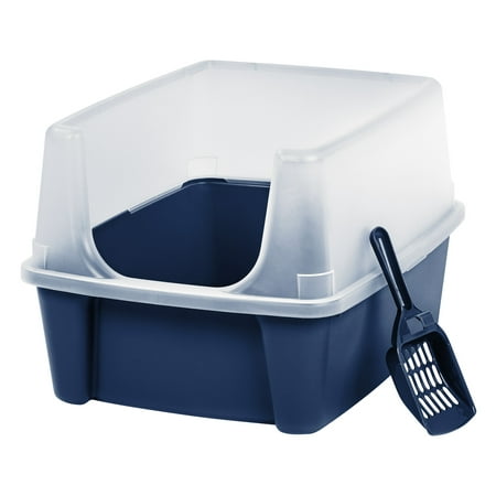 IRIS USA Open-Top Cat Litter Box with Shield and Scoop, Navy