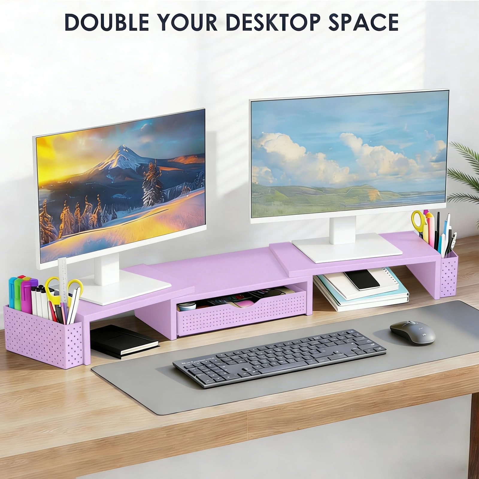 Metal Desk Organizers And Accessories  Dual Monitor Stand Riser With Drawer 2 Pen Holders & Workspace Desktop For Office Supplies (purple)