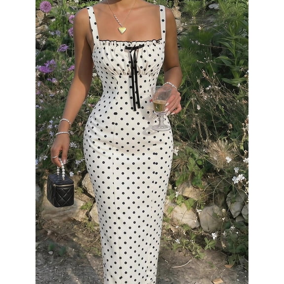 Black And White Polka Dot Fitted Midi Dress With Square Neck And Spaghetti Straps