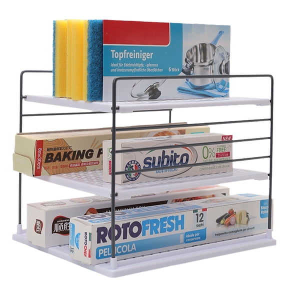 3-Tier Kitchen Wrap Organizer Rack, Adjustable Cabinet Shelf for Foil, Plastic Wrap and Pantry Storage, White