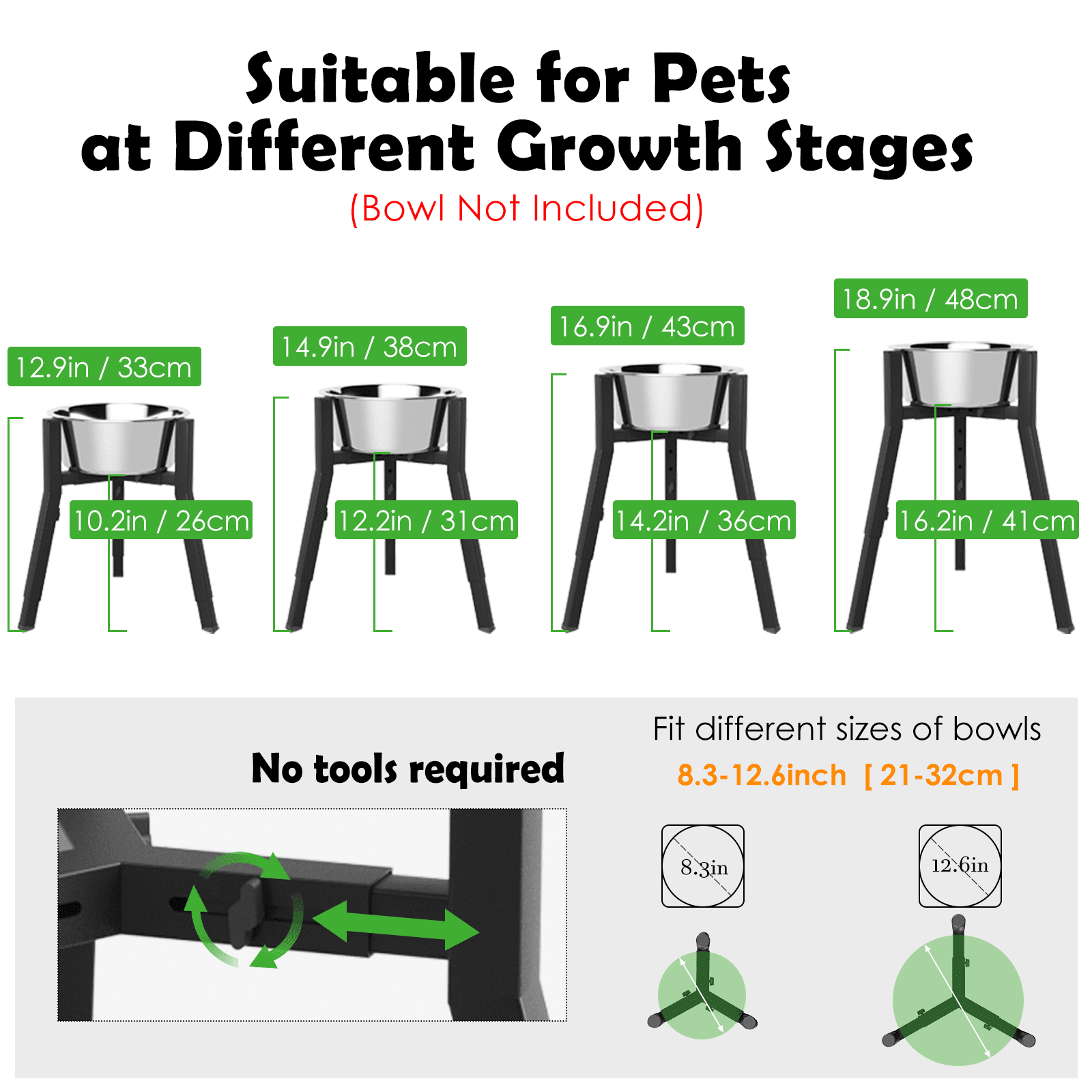 Adjustable Height & Width Elevated Dog Bowl Stand for Large Dogs, Single Raised Feeder Station (Bowl Not Included)