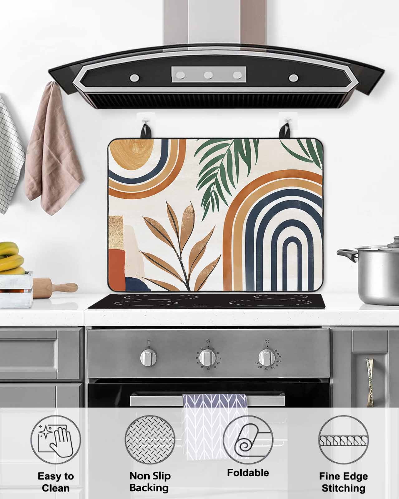 nqOlkjepod Large Induction Cooktop Protector Mat 24"x21", Bohemian Nordic Stove Top Covers for Electric Stove, Abstract Art Coconut Palm Leaves Stove Burner Cover Mats, Glass Top Stove Cover