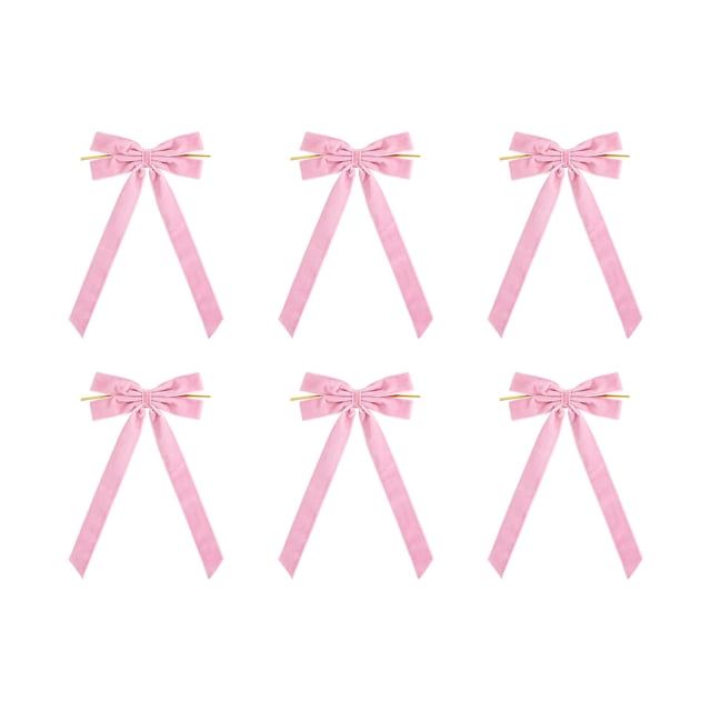Pink Large Velvet Christmas Bow Ornaments Pink Color Set Of 6 Pieces 5X10 Inches For Tree Wreath Gift Decoration