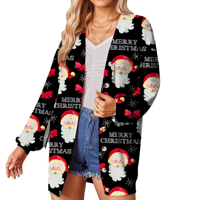 Cárdigan De Abrigo, Cárdigan De Abrigo Casual Con Estilo De Un Solo Pecho Impreso De Navidad Para Fiestas ANGGREK Negro M