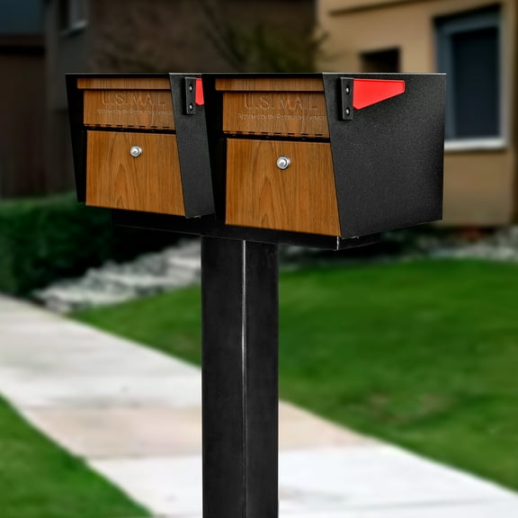 Mail Manager X2 Locking Mailbox Combo Kit w/ Black In-Ground Post, Wood Grain, 2 Way Multi Mount High Security Cluster