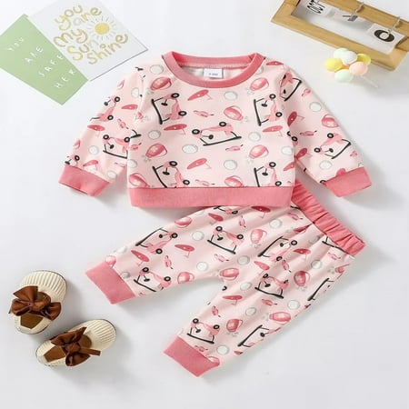 

Lovely Pink Printed Golf Cart Autumn Two-Piece Set for Baby Girls 2024 Children‘s Clothing