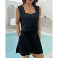 thumbnail image 2 of Women's Lounge Set 2-Piece Shorts Outfit Square Collar Vest Top Shirts High-Waisted Shorts with Pockets Loungewear Summer Black, 2 of 8