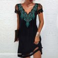 thumbnail image 2 of EQWLJWE Robes pour Femmes Robes pour Femmes Mode 2023 Femmes Décontracté Col en V Imprimé Ample Dentelle Couture Manches Courtes Robe Jupe, 2 of 5