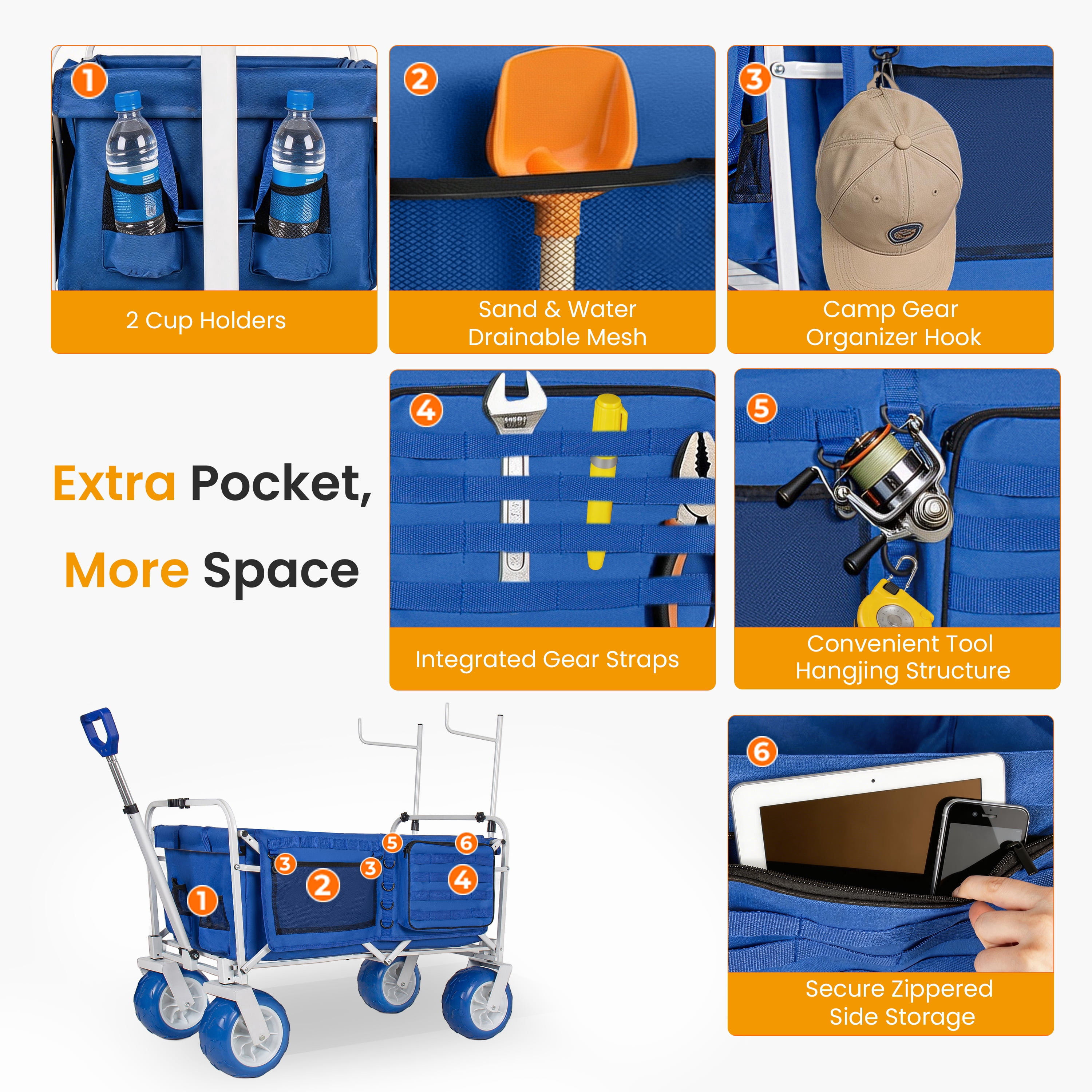 Beach Wagon Cart Chair Racks 9 Inch All-Terrain Wheels 500lbs Heavy Duty Collapsible Folding Wagon Adjustable Handle Cooler Storage Bags Beach Camping Garden Outdoor Sports Blue