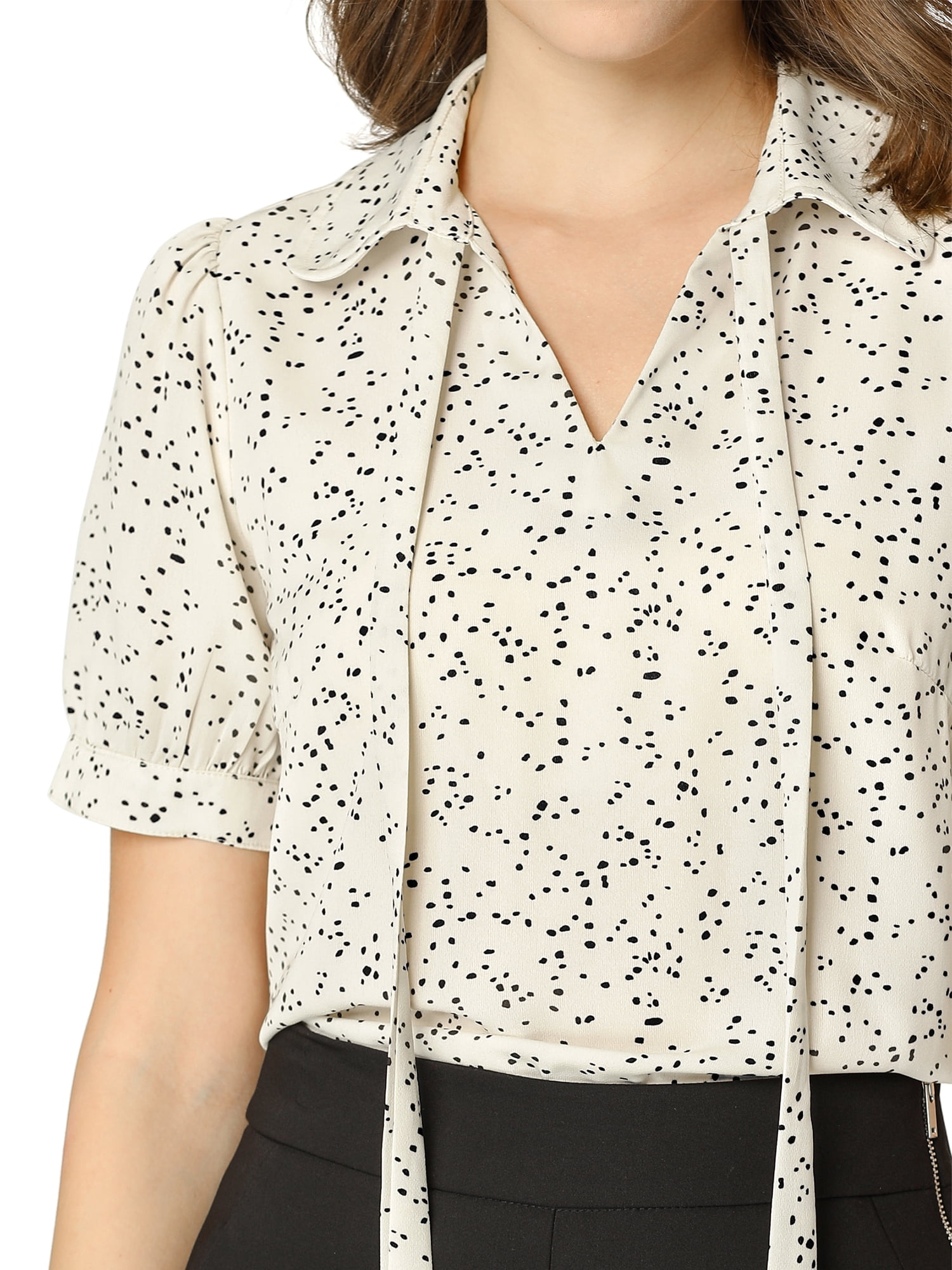 DARING DIVA Women's Polka Dots Tie Bow Chiffon Blouse XL Cream White-Dots