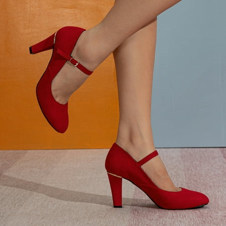 

Women‘s Ankle Strap Chunky High Heels Red Comfortable Slip On Pumps Valentine‘s Day Heels