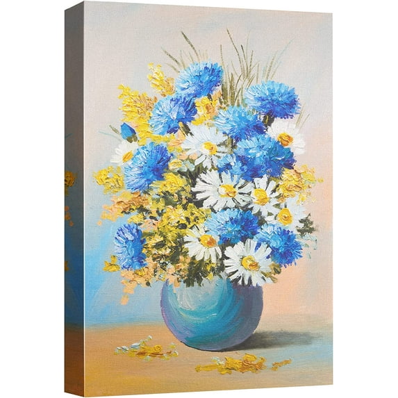 Canvas Print Wall Art Textured Paint Effect Blue Carnations & White Daisies Floral Plants Illustrations Modern Art Chic Closeup Colorful Multicolor for Living Room, Bedroom, Office - 12"x18"