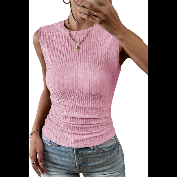 Top Informal de Verano con Cuello Redondo, Tejido Acanalado, Corte Entallado, Básico, Texturizado, Sin Mangas, Rosa, Talla M