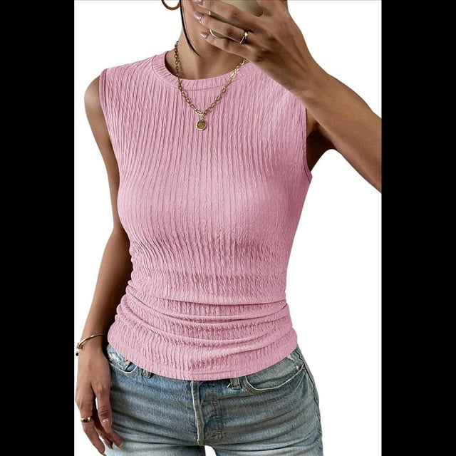 Top Informal de Verano con Cuello Redondo, Tejido Acanalado, Corte Entallado, Básico, Texturizado, Sin Mangas, Rosa, Talla M