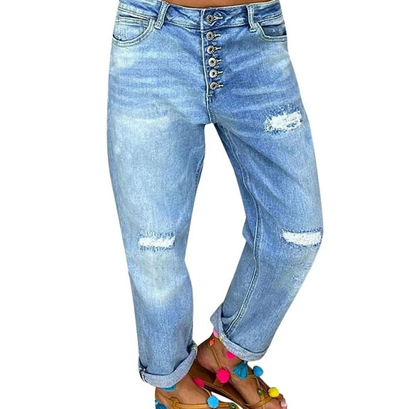 GZWYHT Jeans for Women,Baggy Jeans,Women's Distressed Jeans Solid Loose Washed Ripped Hole High Waist Button With Pocket Jeans Trousers,High Waisted Pants,Pants for Women,Palazzo Pants,Blue,L
