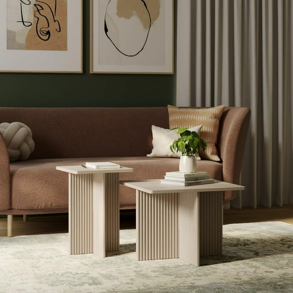 Stead Square Fluted Nesting Coffee Tables, 2 Piece Coffee Table Set, Modern Drink Desk for Living Room, Modern Home Decor, Solid Wood Base and Wood Grain Veneer Top (Weathered White)
